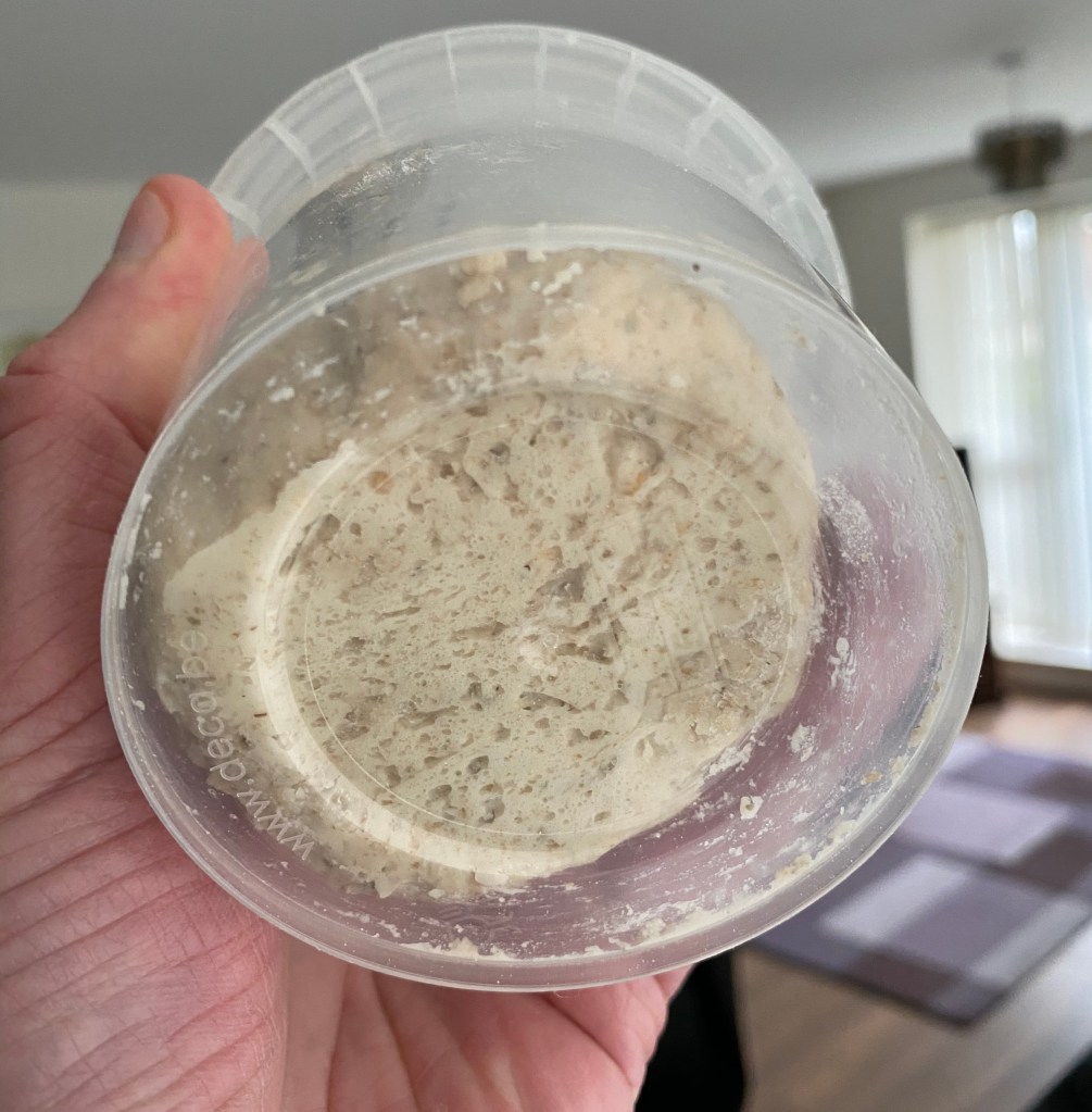 A plastic container with some sourdough starter inside.