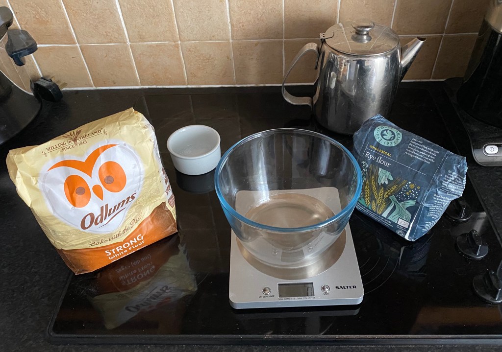 Flour, salt, a bowl and some scales.