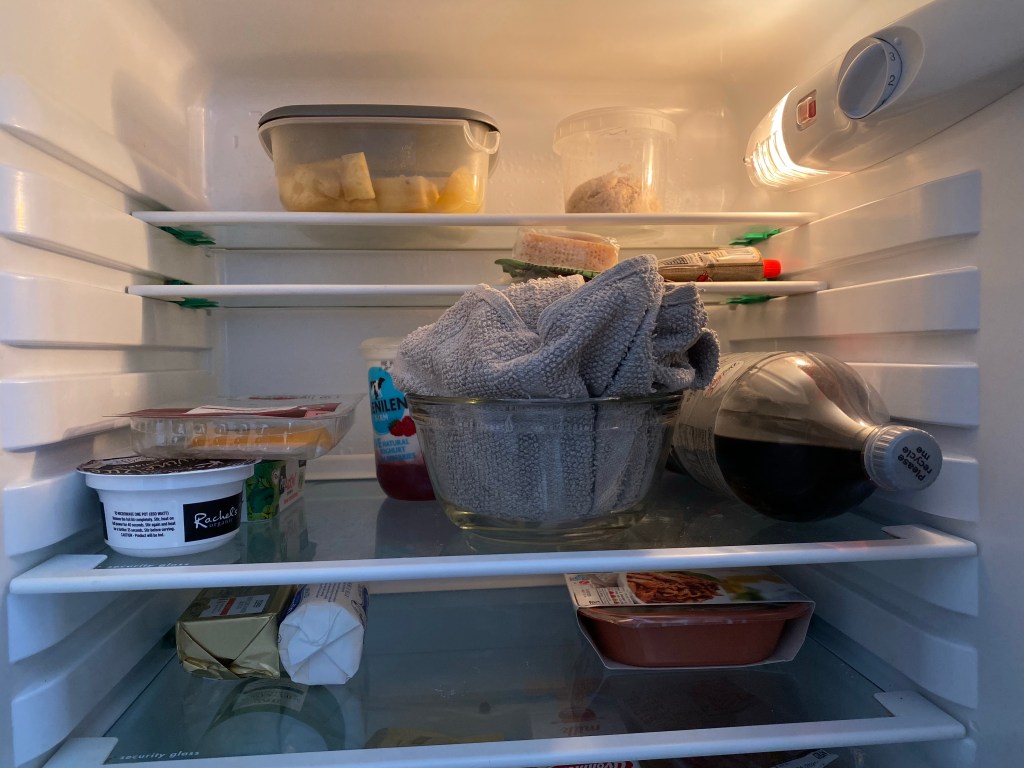 Inside a fridge, with sundry contents.